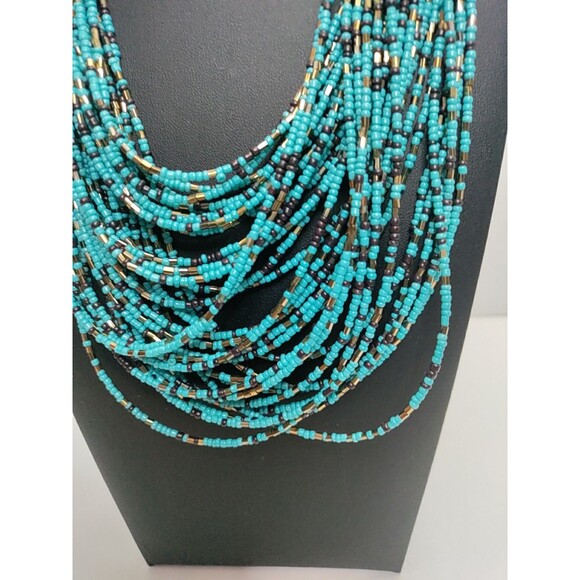 Blue Black & Gold  Seed Bead Multi Strand (35) Necklace 18" To First Drop - Picture 5 of 5